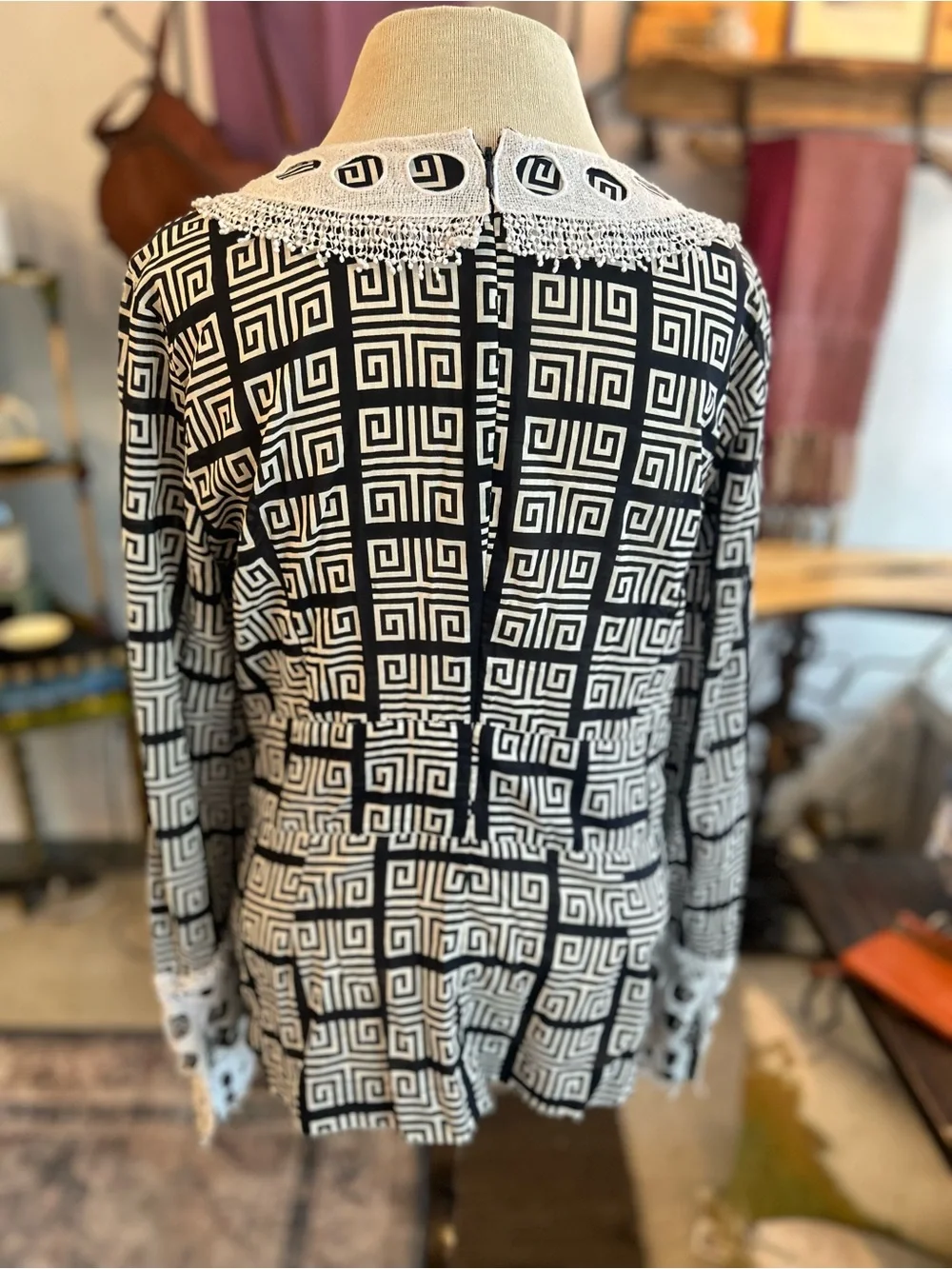Tory Burch Derelia Black White Geometric Long-Sleeve Top Embroidered Yoke Cotton